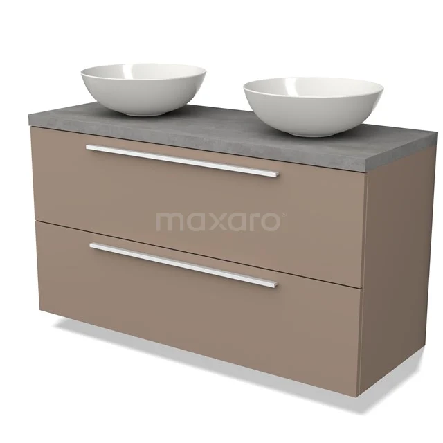 Tweepersoons badkamermeubel in zandkleur met betonnen blad en witte waskommen, ideaal voor een moderne badkamer.