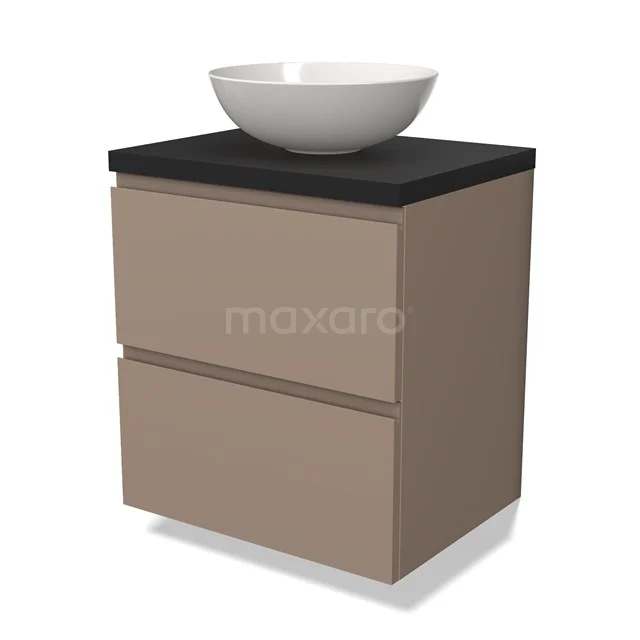 Beige badkamermeubel met een zwarte wastafelblad en een witte ronde waskom, minimalistisch design met twee lades.