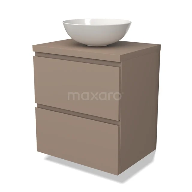 Bruine badkamermeubelset met mat oppervlak, keramische opzetwastafel en twee greeploze lades voor een moderne look.