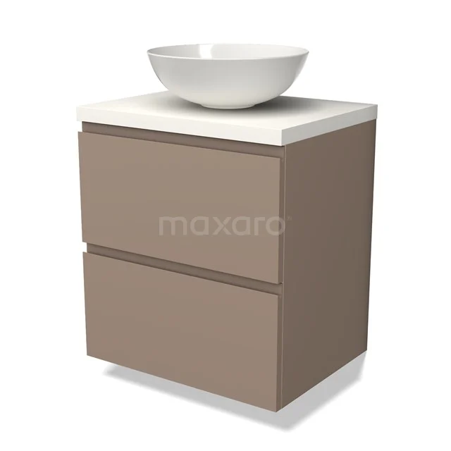 Beige badkamermeubel met twee lades en witte keramische waskom van een moderne serie, ideaal voor stijlvolle badkamerinrichting.