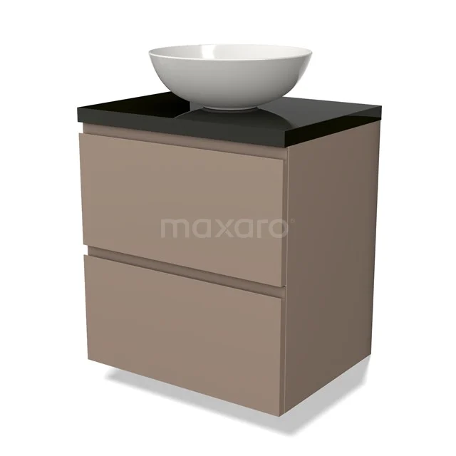 Beige badkamermeubel met zwarte bovenplaat en ronde witte waskom, strak ontwerp, ideaal voor moderne badkamers.