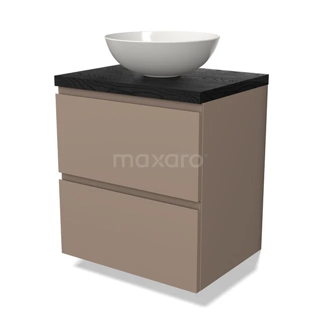 Beige badkamermeubel met twee lades, zwart blad en witte ronde waskom, stijlvol design voor moderne badkamers.