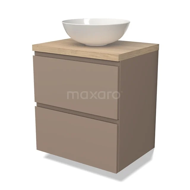 Moderne beige badkamermeubelset met eiken blad en ronde witte waskom, ideaal voor een stijlvol en praktisch badkamerontwerp.
