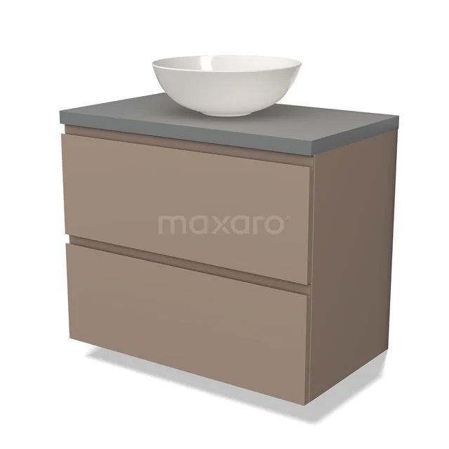 Modern beiges Badmöbel mit zwei Schubladen, grauer Platte und weißem Aufsatzwaschbecken, ideal für einen klaren Badezimmerstil.
