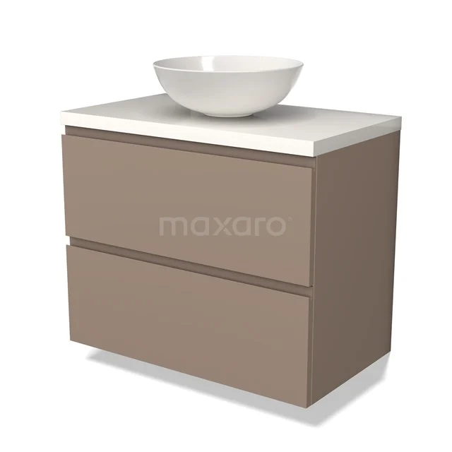Taupe Badmöbel mit weißem keramischen Waschbecken, minimalistisches Design, zwei Schubladen, ideal für moderne Bäder.