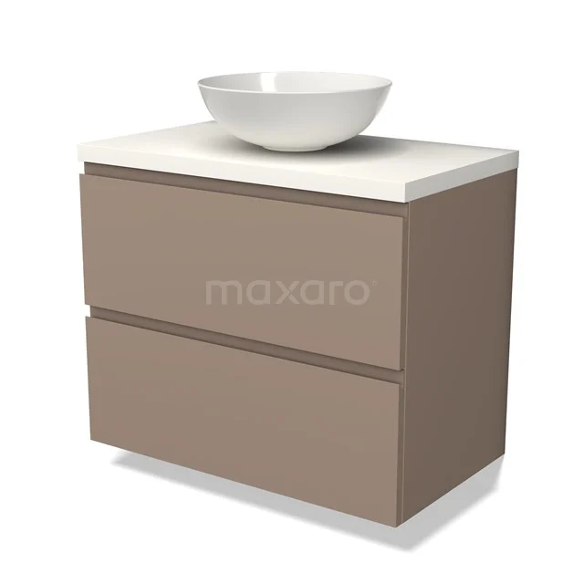 Badezimmermöbel Taupe mit weißem Aufsatzwaschbecken, modernes Design und Soft-Close Schubladen, perfekt für ein stilvolles Badezimmer.
