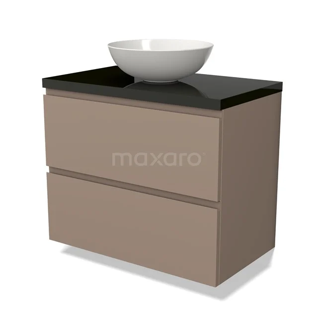 Brauner Badschrank mit zwei Schubladen, schwarzer Platte und weißem Waschbecken, modernes Design aus hochwertigem Material.