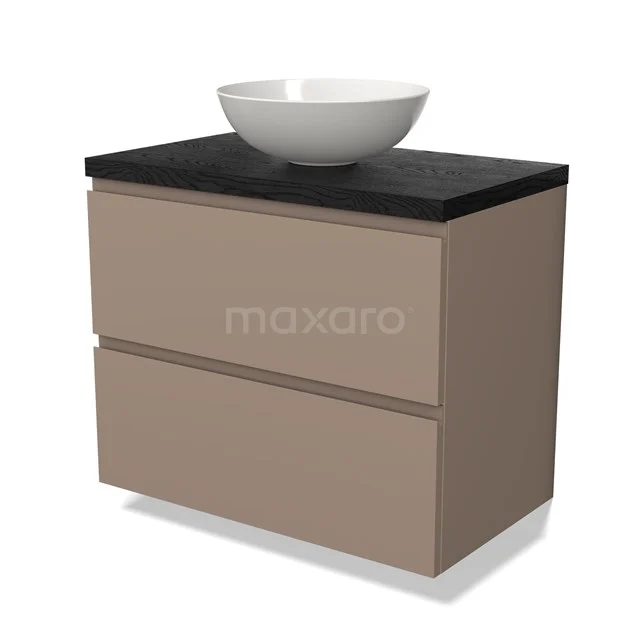 Beige Badmöbel mit Schwarz Platte und modernen Aufsatzwaschbecken, ideal für stilvolle Badezimmerinrichtung.