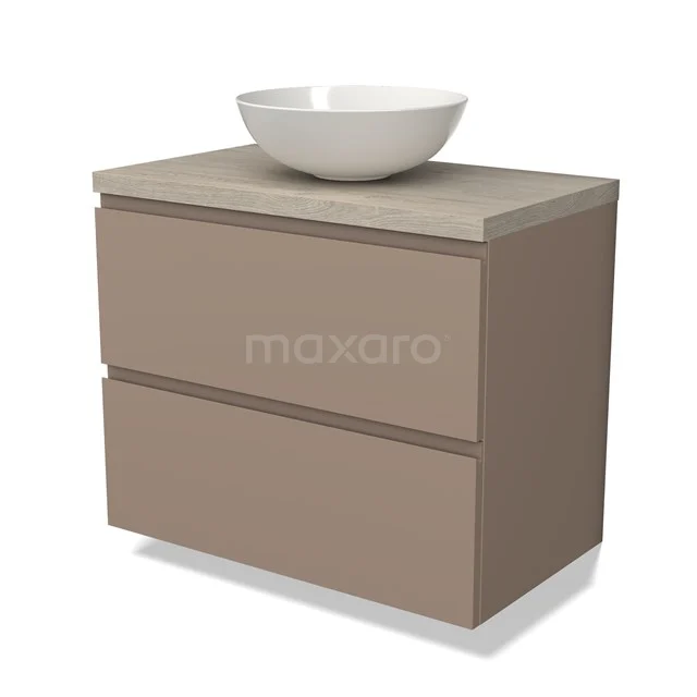 Beige Badmöbel mit zwei Schubladen, keramischem Aufsatzwaschbecken und matter Oberfläche, modernes und schlankes Design.