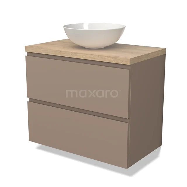 Modulo Plato Vanity units for countertop basin | 80 cm Taupe Handle-less front Light brown oak worktop 2 Stacked drawers BMK17-02069