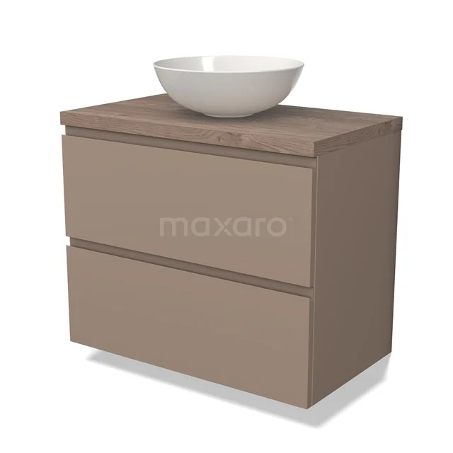 Beige Badmöbel mit zwei Schubladen und keramischem Aufsatzwaschbecken, hergestellt aus Holzlook-Material für einen modernen Badezimmerstil.