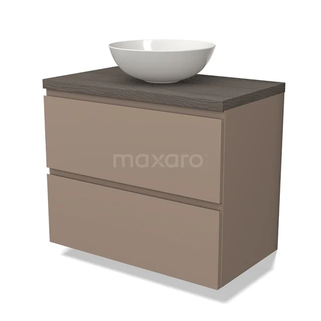 Modulo Plato Badkamermeubel voor waskom | 80 cm Taupe Greeploos front Donkerbruin eiken blad 2 lades onder elkaar BMK17-02071