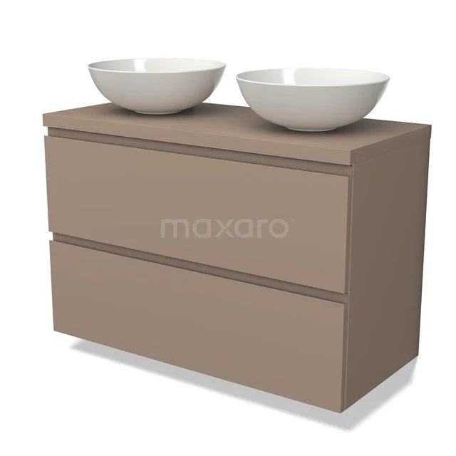 Beige bathroom unit with two white surface-mounted vanity units with basins, sleek design and soft-close drawers.