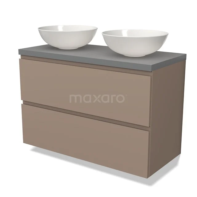Moderne badkamermeubelset met taupe ladekast, grijze top en twee witte ovalen waskommen voor een stijlvolle badkamer.