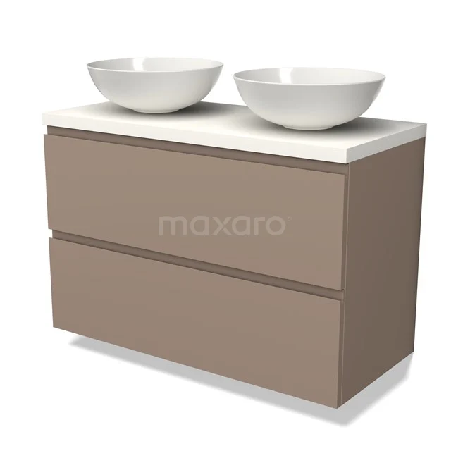 Tweekleurig hangend badkamermeubel in taupe met witte dubbele waskommen, strak design en ladeopslag.