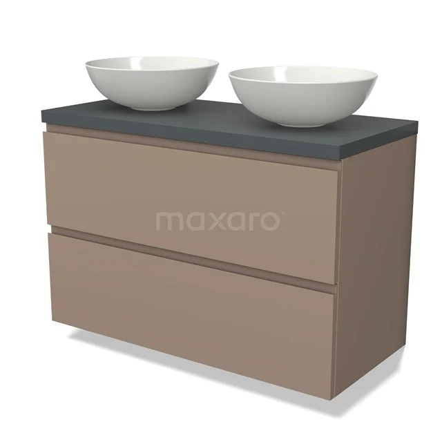 Beige badkamermeubel met donkergrijs blad en twee witte waskommen, modern design van houtmateriaal.