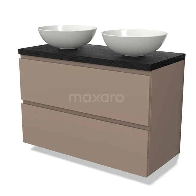 Beige badkamermeubel met zwarte top, twee witte ovalen waskommen en dubbele lades, ideaal voor moderne badkamers.