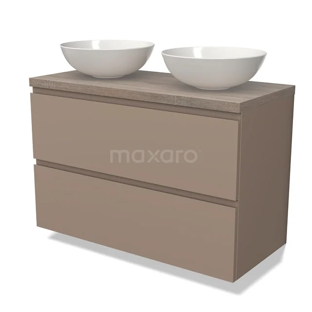 Braunes doppelte Badezimmermöbelset mit zwei runden weißen Aufsatzwaschbecken, modernes Design und Softclose-Schubladen.