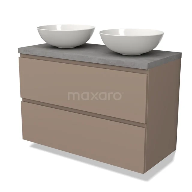 Tweepits wastafelmeubel met beige lades, betonlook blad en keramische waskommen; stijlvol badkamerdesign.
