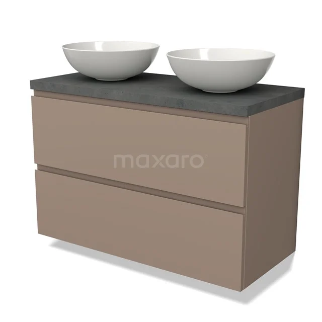 Braunes Badezimmermöbel mit 2 Schubladen, grauer Steinplatte und 2 weißen Aufsatzwaschbecken, modernes Design für stilvolle Bäder.