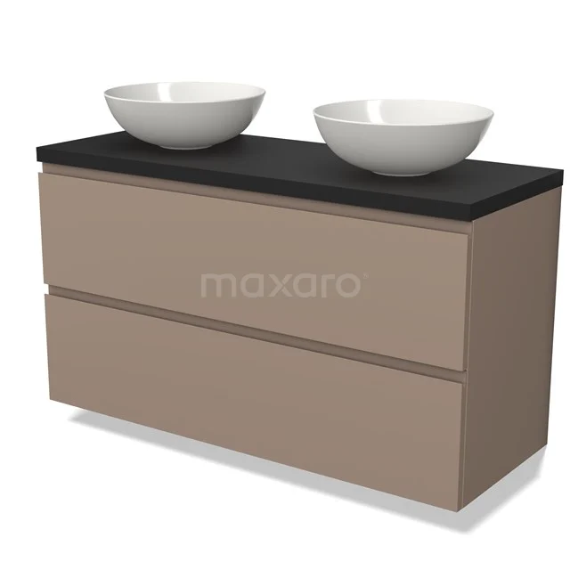 Beige badmeubel met twee witte ronde wastafels, zwart blad en strakke lades, perfect voor een moderne badkamer.