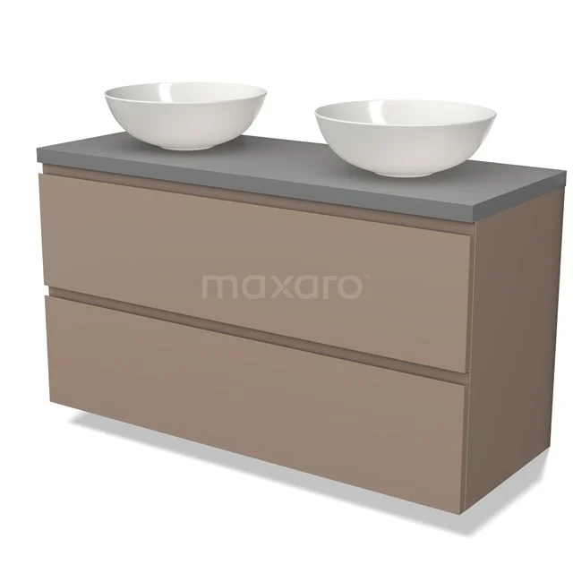 Modern badkamermeubel, beige houtlook met dubbele wastafel van keramiek en grijs blad, ideaal voor stijlvolle badkamerinrichting.