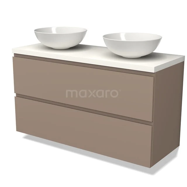 Moderne zandkleurige dubbele wastafelmeubel met keramische kommen, ideaal voor een stijlvolle badkamer inrichting.