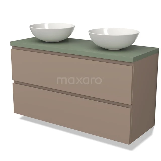 Bruine badkamermeubelset met dubbele waskommen, groene blad van mat glas, modern design, ideaal voor ruime badkamers.