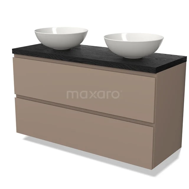 Beige badkamermeubel met dubbele witte waskommen en zwart blad, modern design en strakke ladekast.