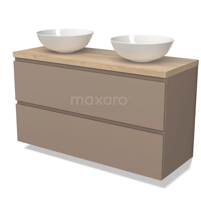 Beige badkamermeubel met houten blad en twee witte waskommen, modern design voor stijlvolle badkamerinrichting.