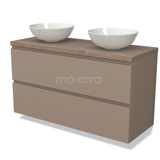 Modern badmeubel met twee witte waskommen, taupekleurige kast en strak design voor stijlvolle badkamerinrichting.