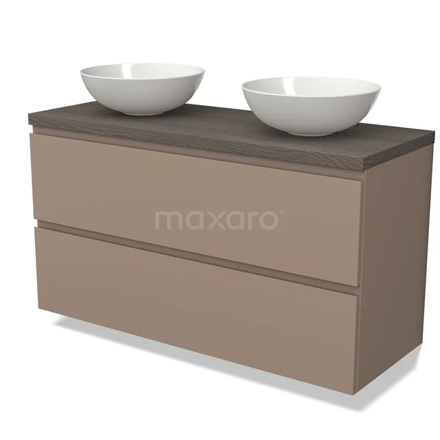 Modulo Plato Vanity units for countertop basin | 120 cm Taupe Handle-less front Dark brown oak worktop 2 Stacked drawers BMK17-02105
