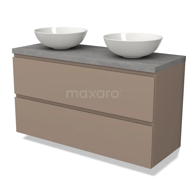 Badkamermeubel met betonlook blad, beige lades en dubbele witte waskommen; modern design voor stijlvolle badkamers.