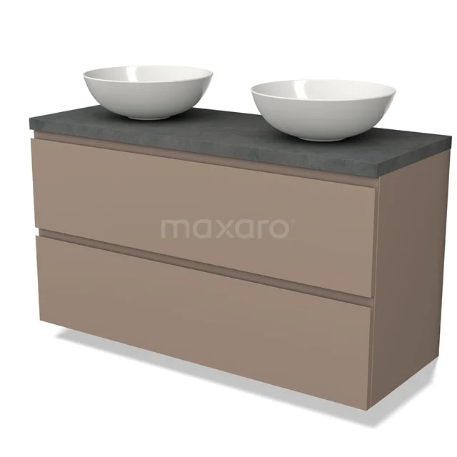 Beige badkamermeubel met twee ronde witte waskommen en een grijsstenen blad, modern ontwerp.