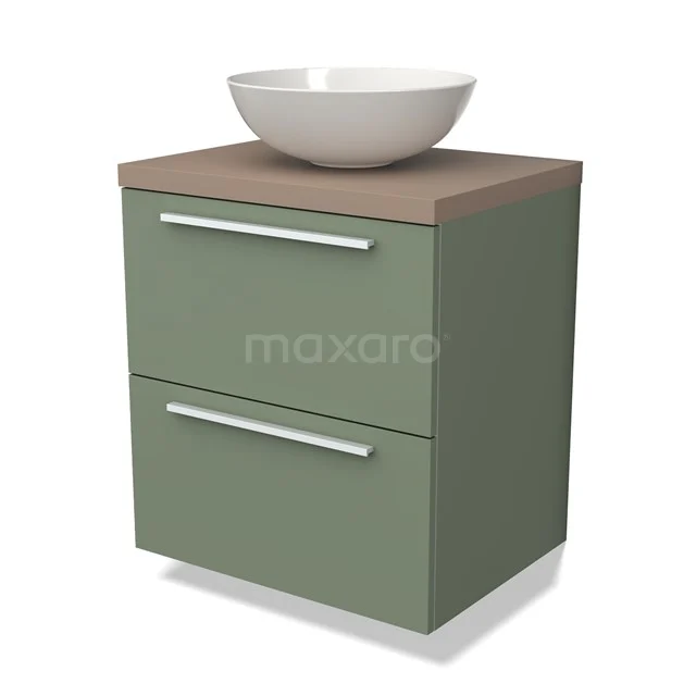 Groene badkamermeubelset met twee lades, houten bovenblad en ronde witte waskom, perfect voor een moderne badkamerstijl.