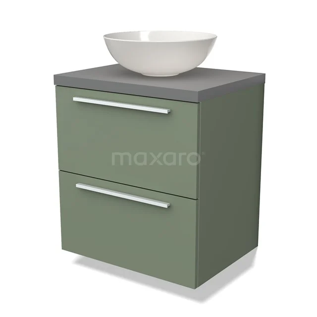 Groene badkamermeubelset met grijze bovenblad, twee lades en een witte ovalen wastafel. Modern design, ideaal voor kleine badkamers.