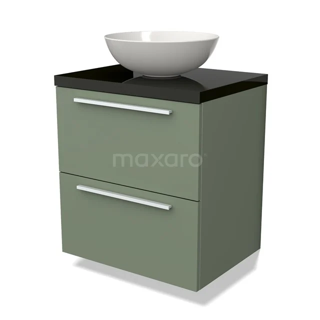 Groene badkamermeubelset met mat zwarte top, witte ronde waskom en twee lades, modern design.