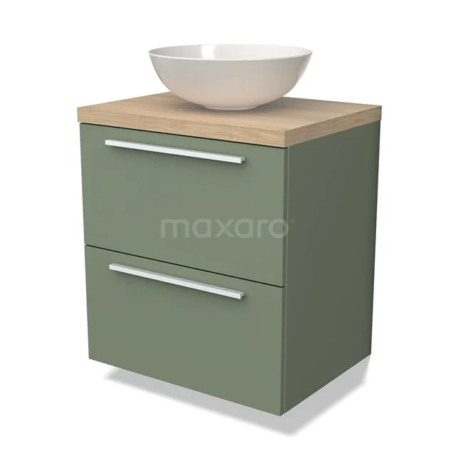 Groene badkamermeubel met houtlook blad, witte opbouwkom en twee lades, strak design perfect voor moderne badkamers.