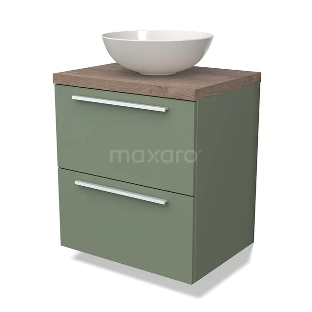 Groen badkamermeubel met twee lades, houten blad en witte waskom, modern design.