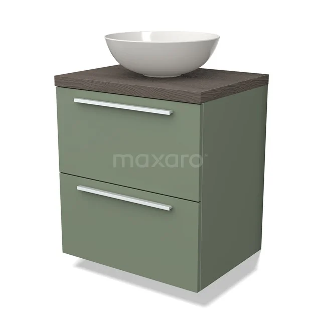 Olijfgroene badkamerkast met houten blad en witte opbouwkom, modern design, ideaal voor een stijlvolle badkamerinrichting.