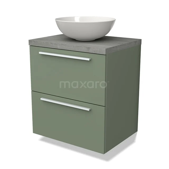Groene badkamermeubel met twee lades, betonnen blad en witte ronde waskom, modern design voor stijlvolle badkamers.