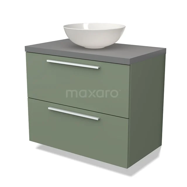 Groen badkamermeubel met 2 lades, grijs blad en witte komvormige wastafel, modern design van duurzame materialen.
