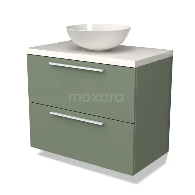 Groen badkamermeubel met twee lades, wit keramische waskom en strak design, ideaal voor een moderne badkamerstijl.