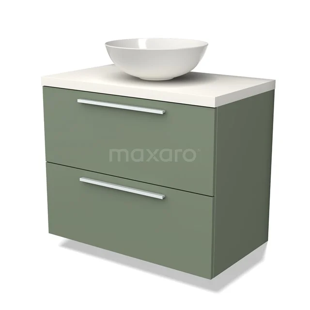 Groen badkamermeubel met twee lades, witte waskom en mat afwerking; stijlvol design voor moderne badkamers.