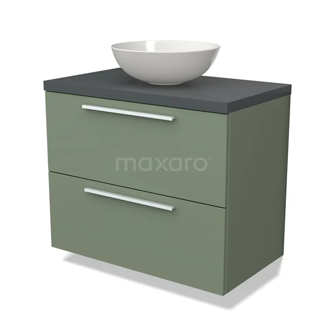 Groen badkamermeubel met grijs blad, witte opzetwaskom en twee lades met zilveren handgrepen, perfect voor moderne badkamers.