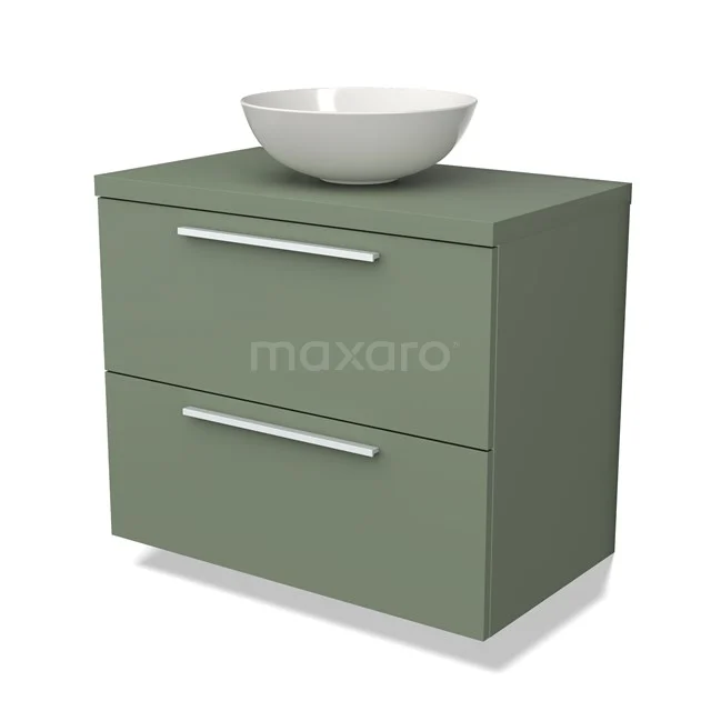 Olijfgroene badkamermeubel met twee lades en wit opbouw waskom, minimalistisch design voor moderne badkamerinrichting.