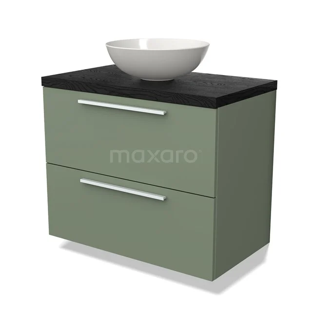 Modulo Plato Vanity units for countertop basin | 80 cm Sage green Flat front Black oak worktop 2 Stacked drawers BMK17-02134