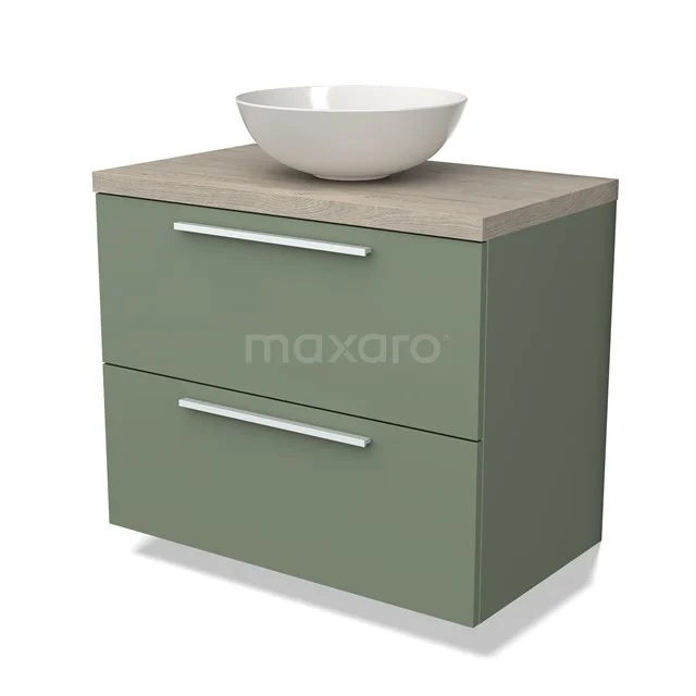 Green bathroom unit with two drawers, wood-look worktop and round white basin, ideal for a modern bathroom.