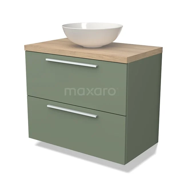 Green bathroom cabinet with two drawers, wooden worktop and white round countertop wash basin; stylish storage cabinet made of sustainable materials.