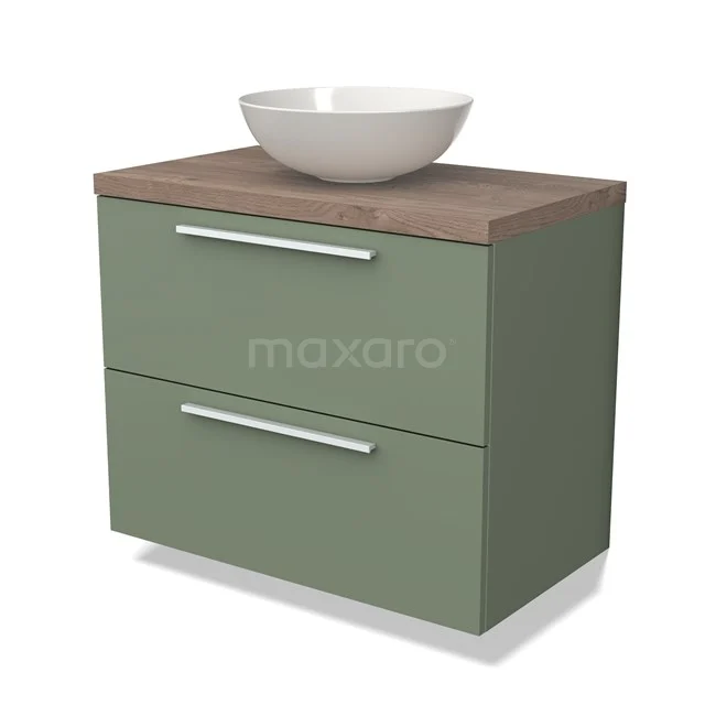 Groen badkamermeubel met twee lades, houten blad en witte komvormige wastafel, ideaal voor een moderne badkamerstijl.
